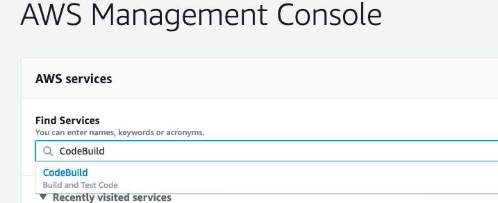 image showing how to search for the CodeBuild service in the AWS Management Console