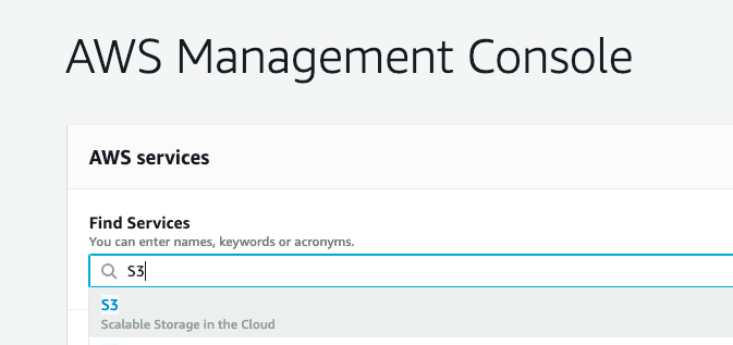 image displaying how to search for the S3 service in the AWS Management Console