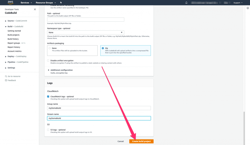 image showing the review panel where you can review all of the settings for your CodeBuild Project.