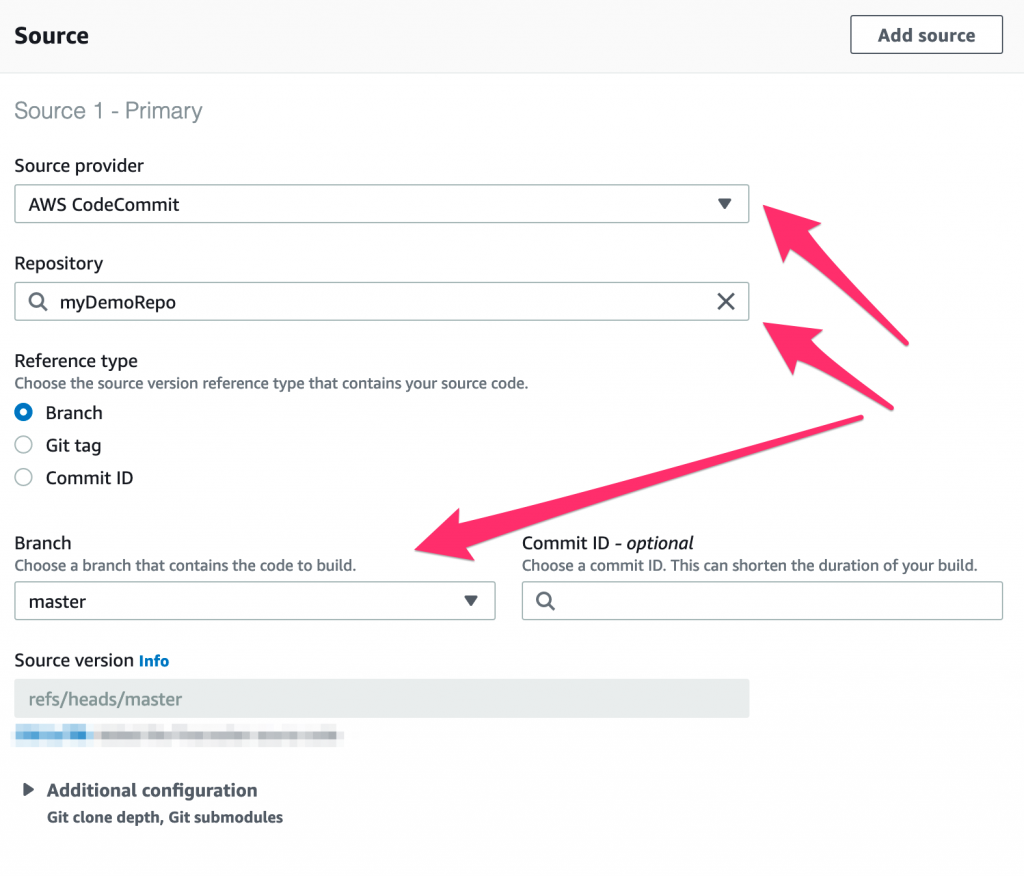 image shows selecing our Source provider, Repository name, reference type, and branch name.