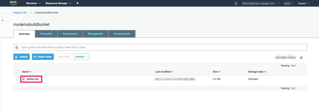 image showing where you will find the Artifact in the S3 Bucket.