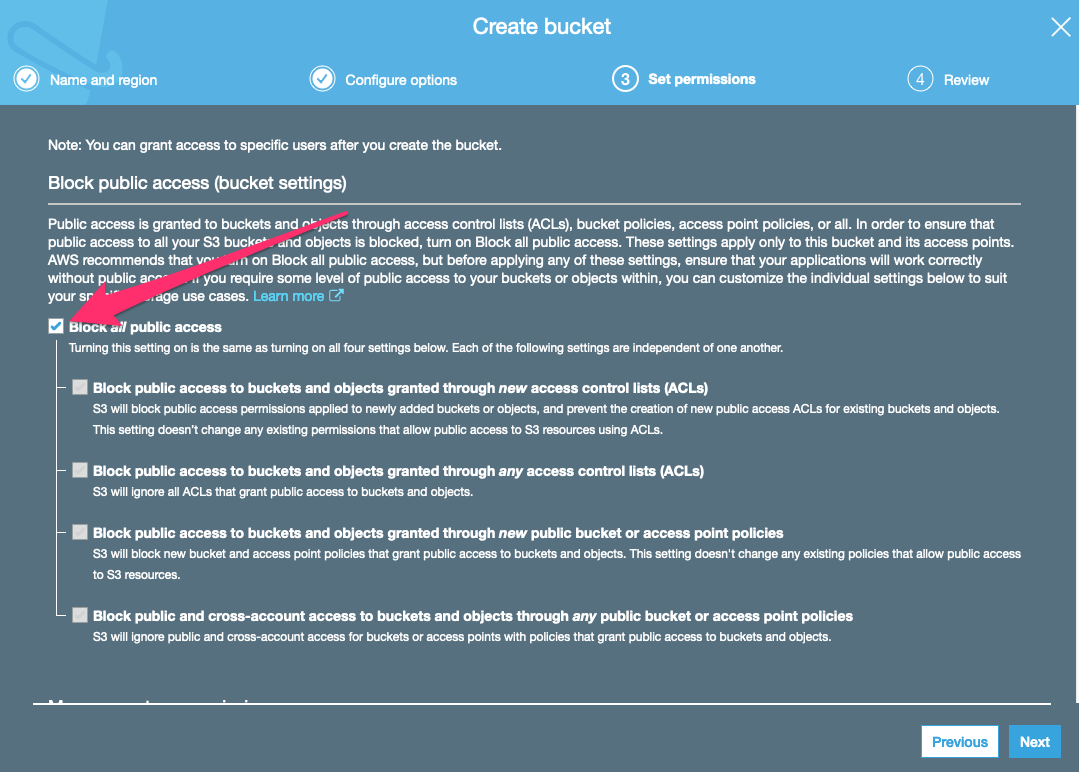 image displaying to select block all public access and select next. this is important to secure our bucket.
