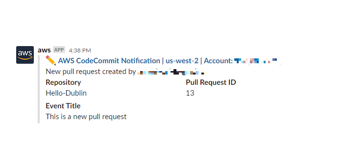 Example of a notification received on a Slack channel when a new pull request is created