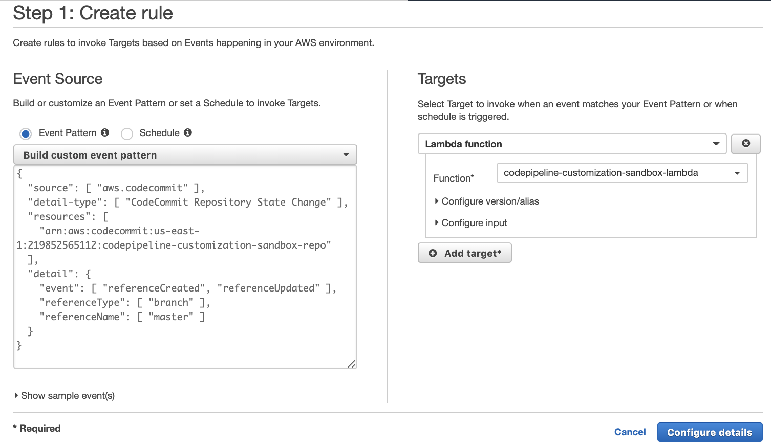 Custom CloudWatch Events Rule to Trigger CodePipeline