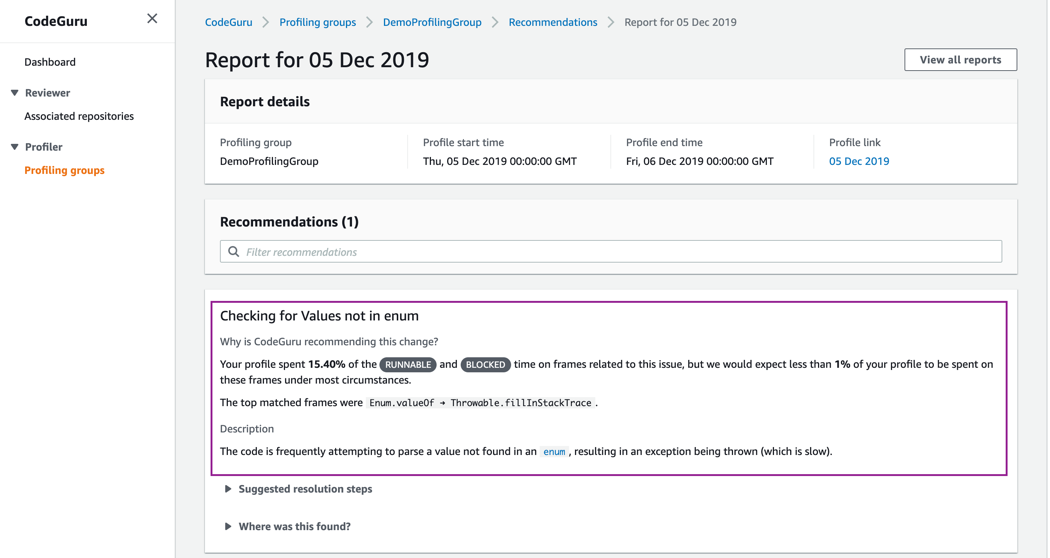 CodeGuru profiler recommendations