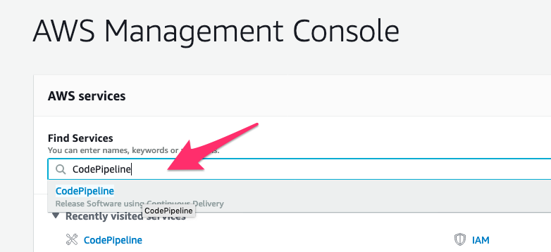 Search for the CodePipeline Service from the AWS Console Search box.