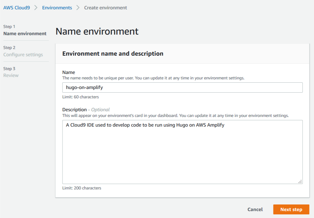 Naming your Cloud 9 environment 