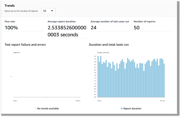 CodeBuild report generated from the BDD tests showing 100% pass rate