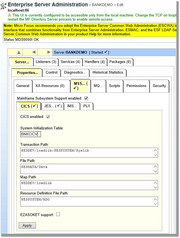 Enterprise Server Administrator window showing configuration for CICS