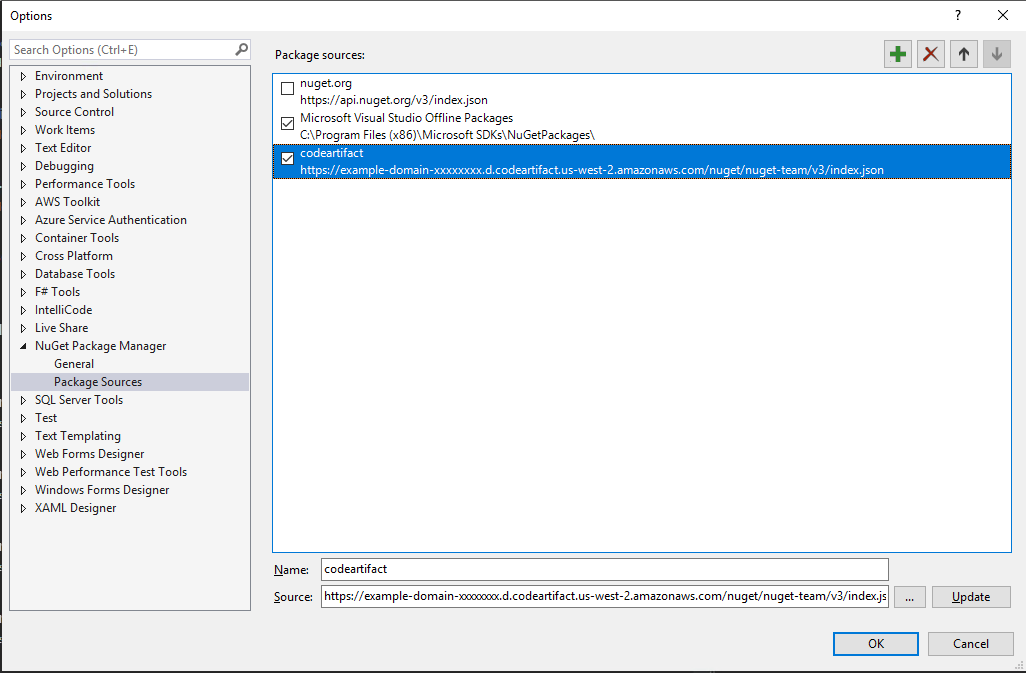 Configuring Nuget package sources for AWS CodeArtifact