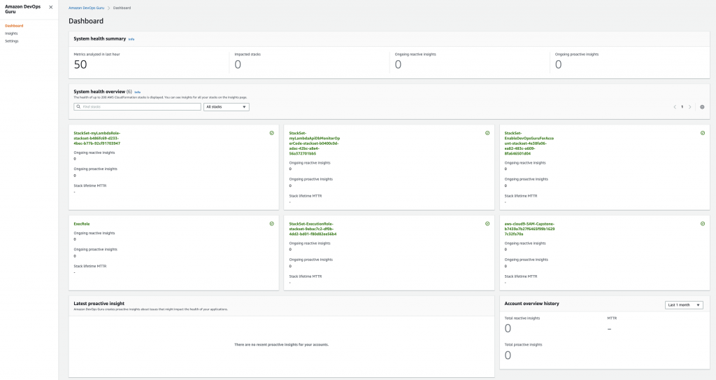 Figure: Screenshot of DevOps Guru dashboard showing DevOps Guru enabled for all CloudFormation stacks