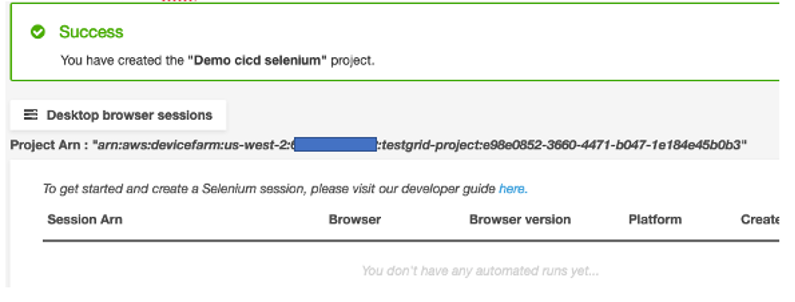 Figure 7: Project ARN for AWS Device Farm project