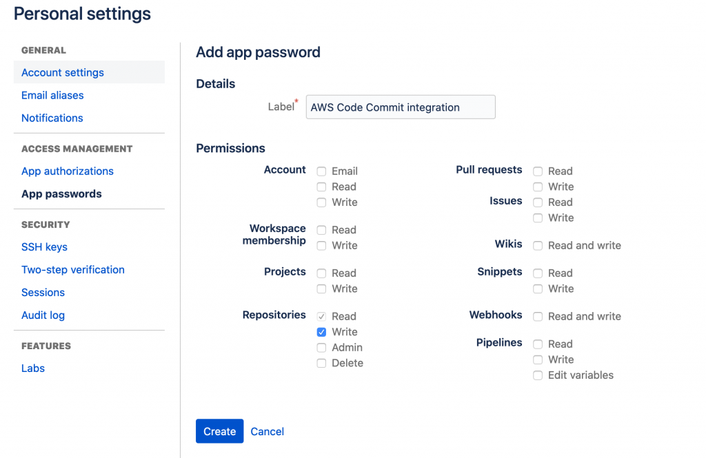 Bitbucket app password permissions