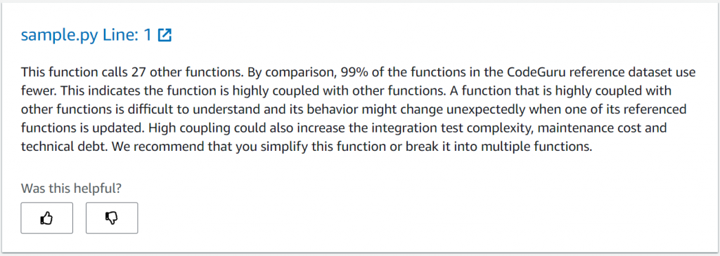 CodeGuru recommendation indicating high fanout of the method