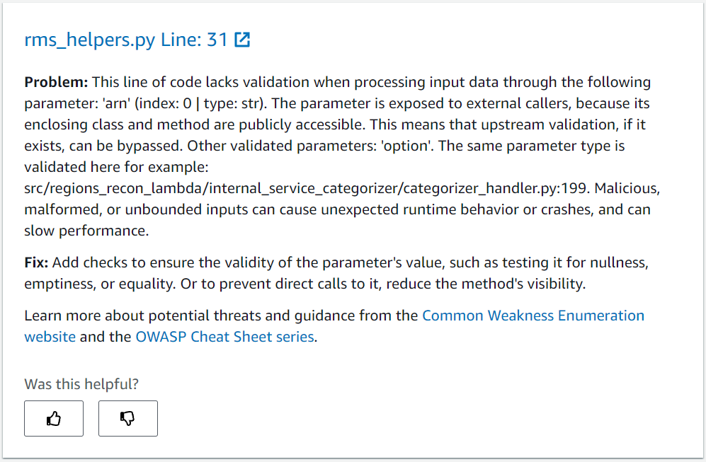 CodeGuru recommendation indicating need for input validation