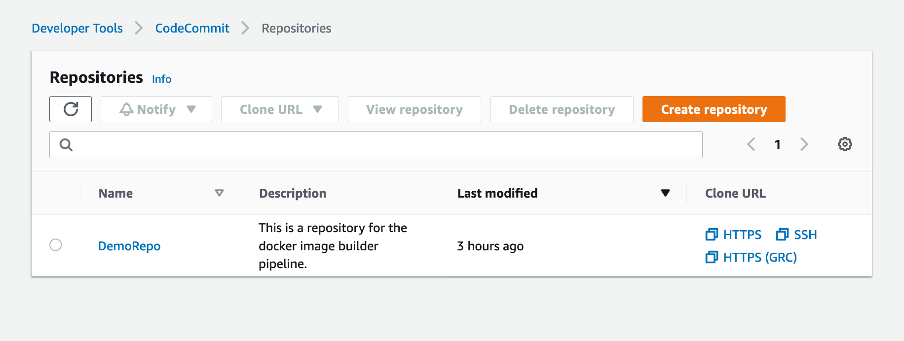 Shows DemoRepo CodeCommit Repository