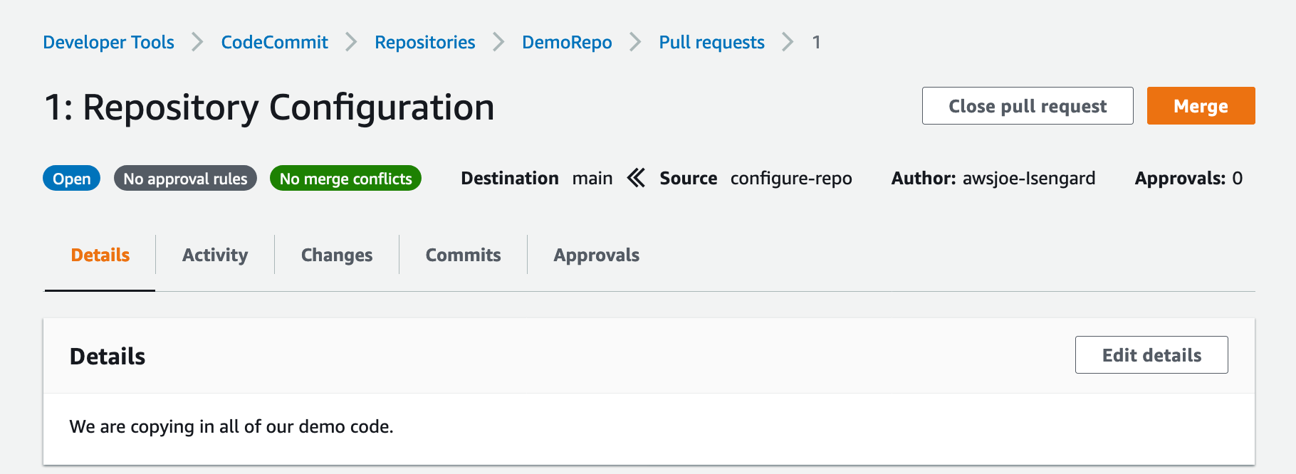 Shows merge for DemoRepo pull request