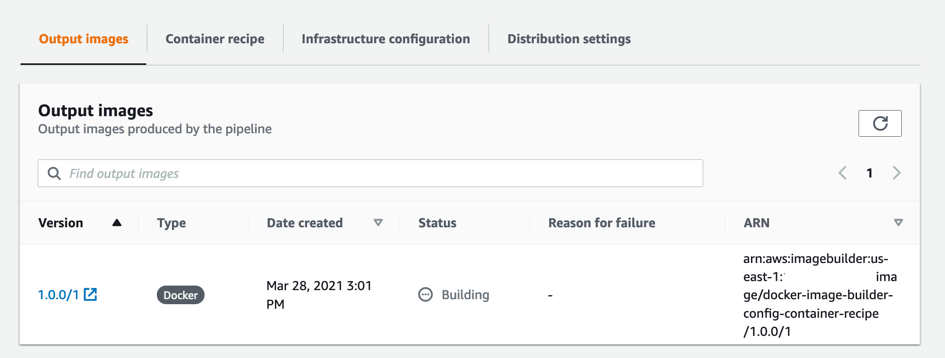 Shows docker image building in EC2 Image Builder console