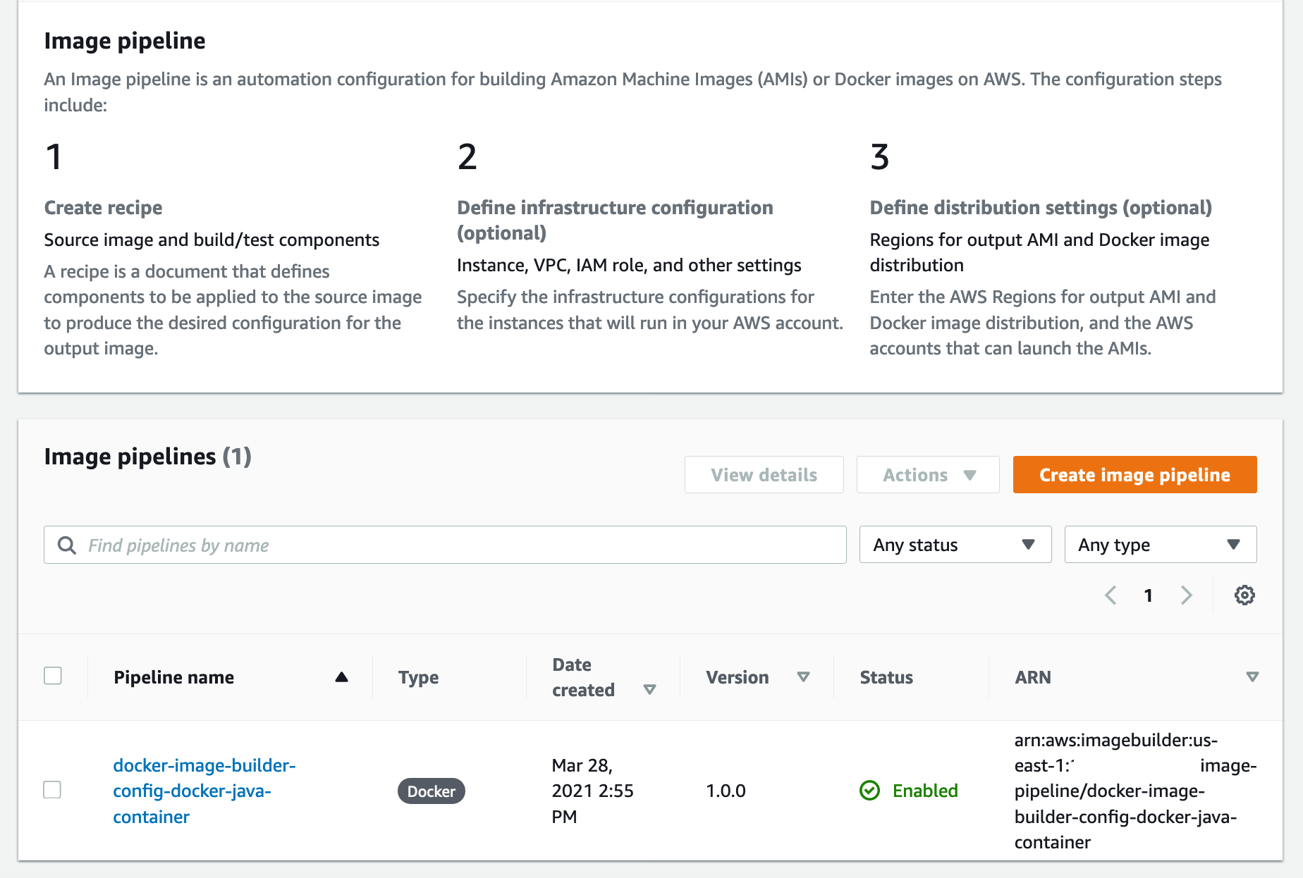  Shows EC2 Image Builder Pipeline status