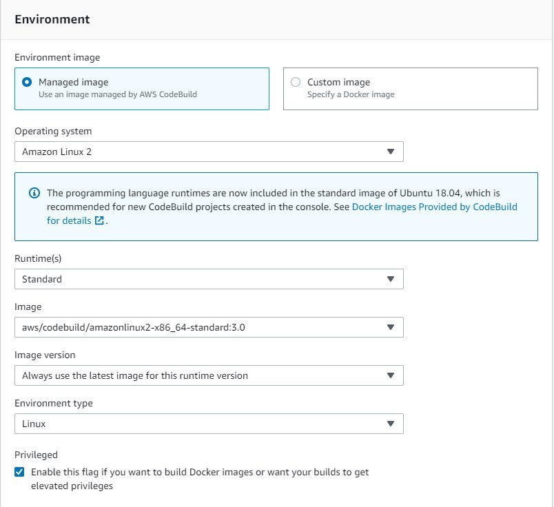 Create CodeBuild project - Enviroment