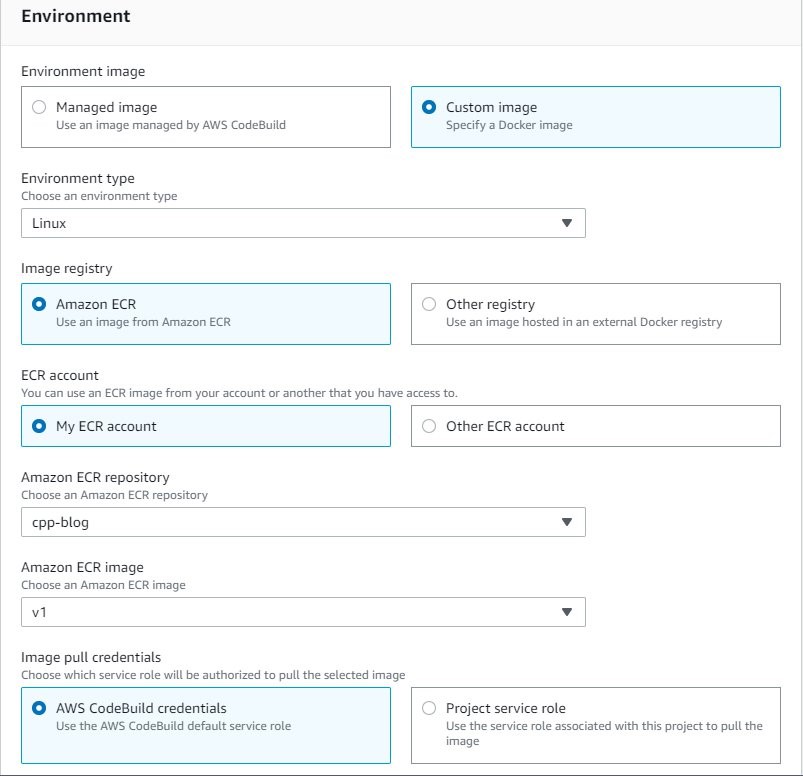 Create CodeBuild project - cpp-test - Environment