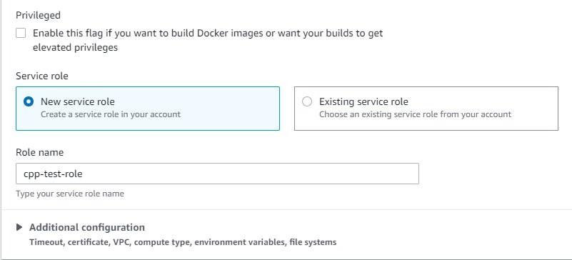 Create CodeBuild project - cpp-test - Service Role