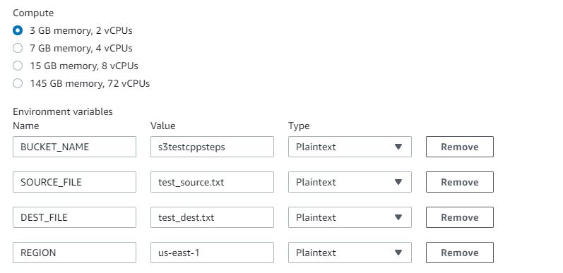 Create CodeBuild project - cpp-test - Environment vars