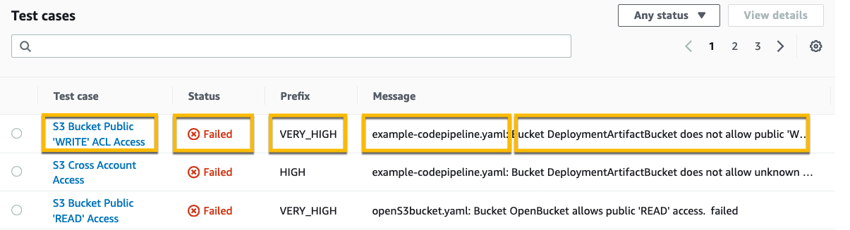 CodeBuild Reports page with fields highlighted that correspond to cucumber JSON fields