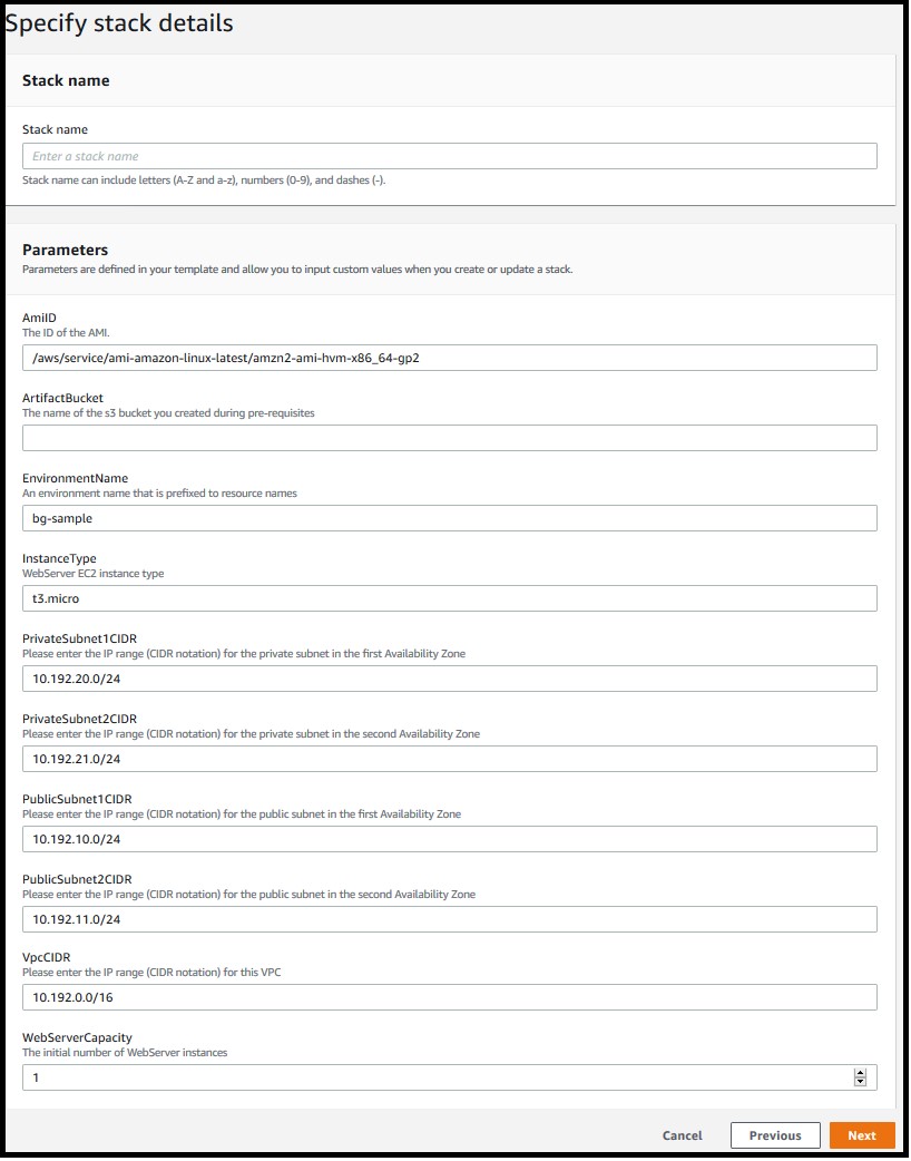 Defining the stack name and input parameters for the CloudFormation stack