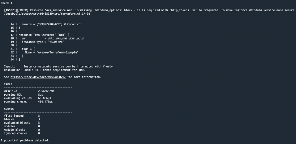 Screenshot showing tfsec analysis