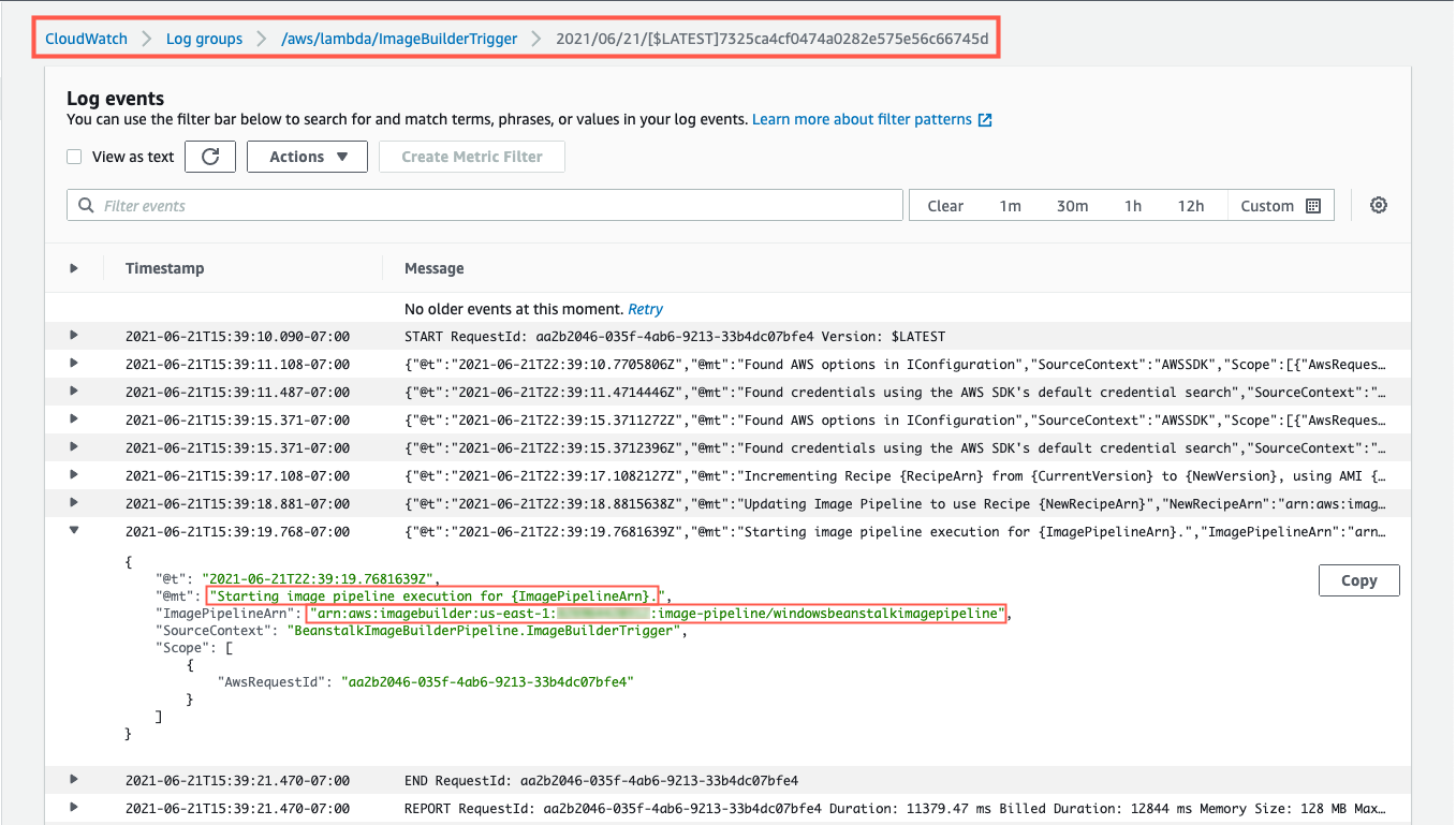 ImageBuilderTrigger Lambda’s log