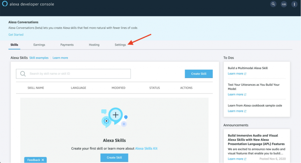 Screenshot of Alexa Developer console showing location of Settings tab