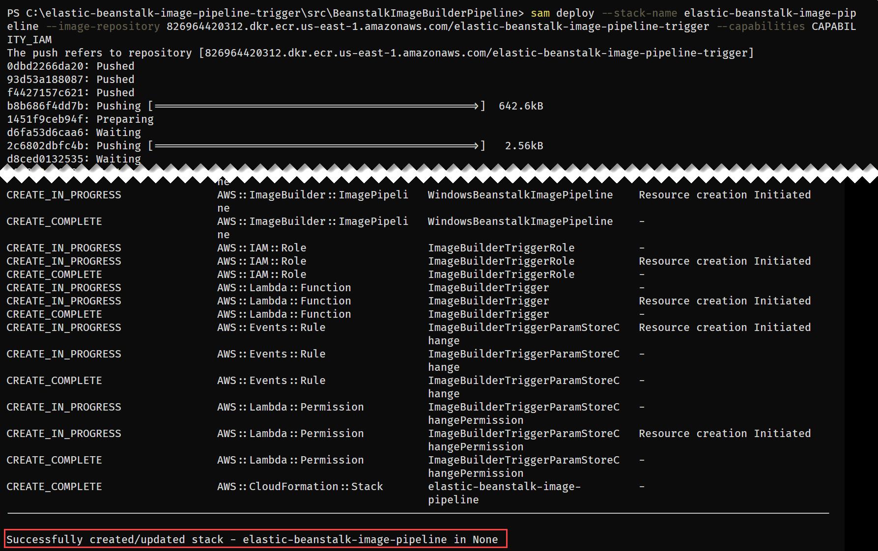 SAM deploy command output