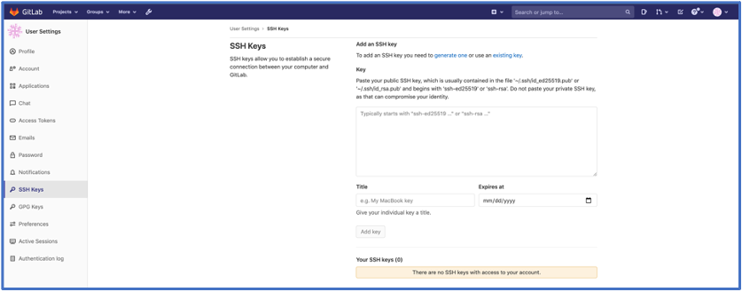 Screenshot for GitLab ssh keys