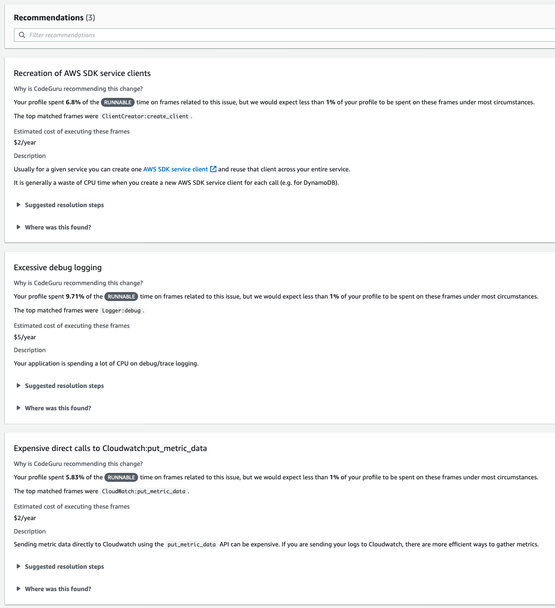 This image shows the 3 recommendations generated by CodeGuru Profiler