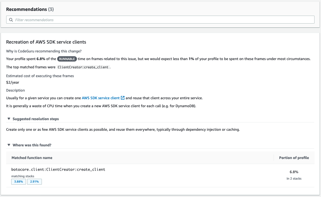 This image shows the detailed recommendation for 'Recreation of AWS SDK service clients'