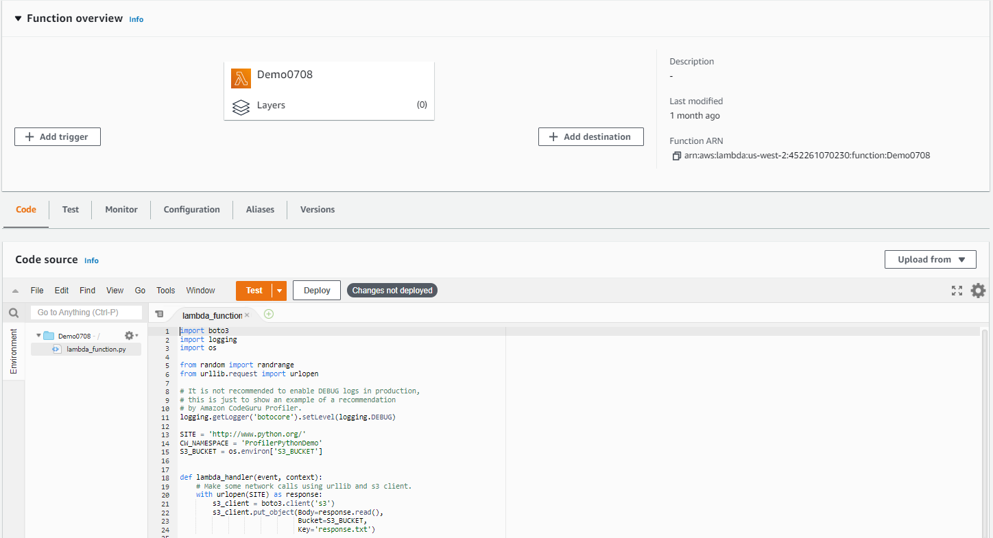  This image shows the Lambda console page for the Lambda function we are referencing.