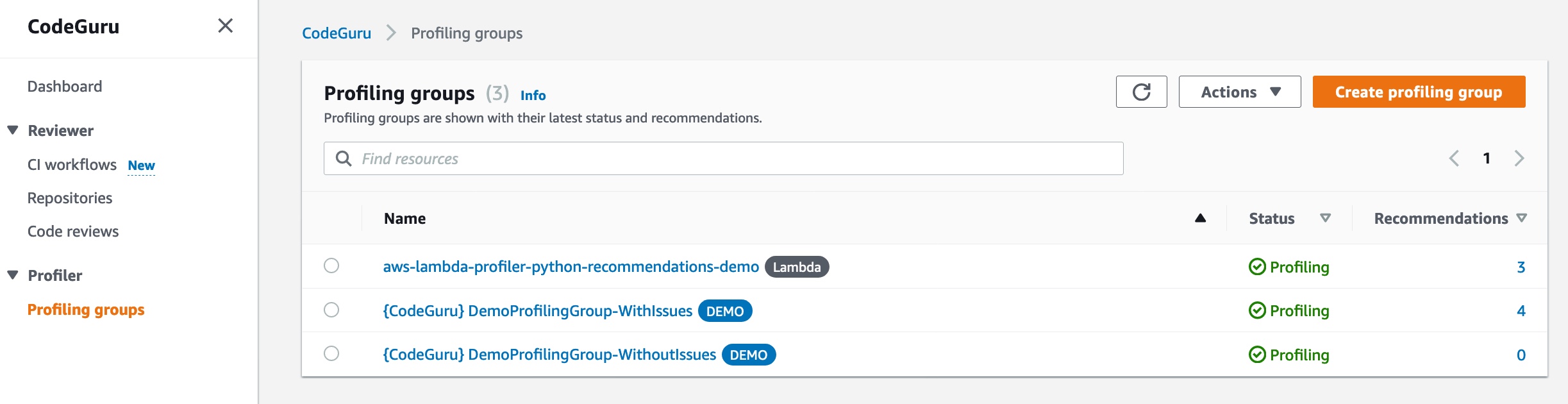 This image shows where you can see the profiling group created after turning on CodeGuru Profiler on your Lambda function