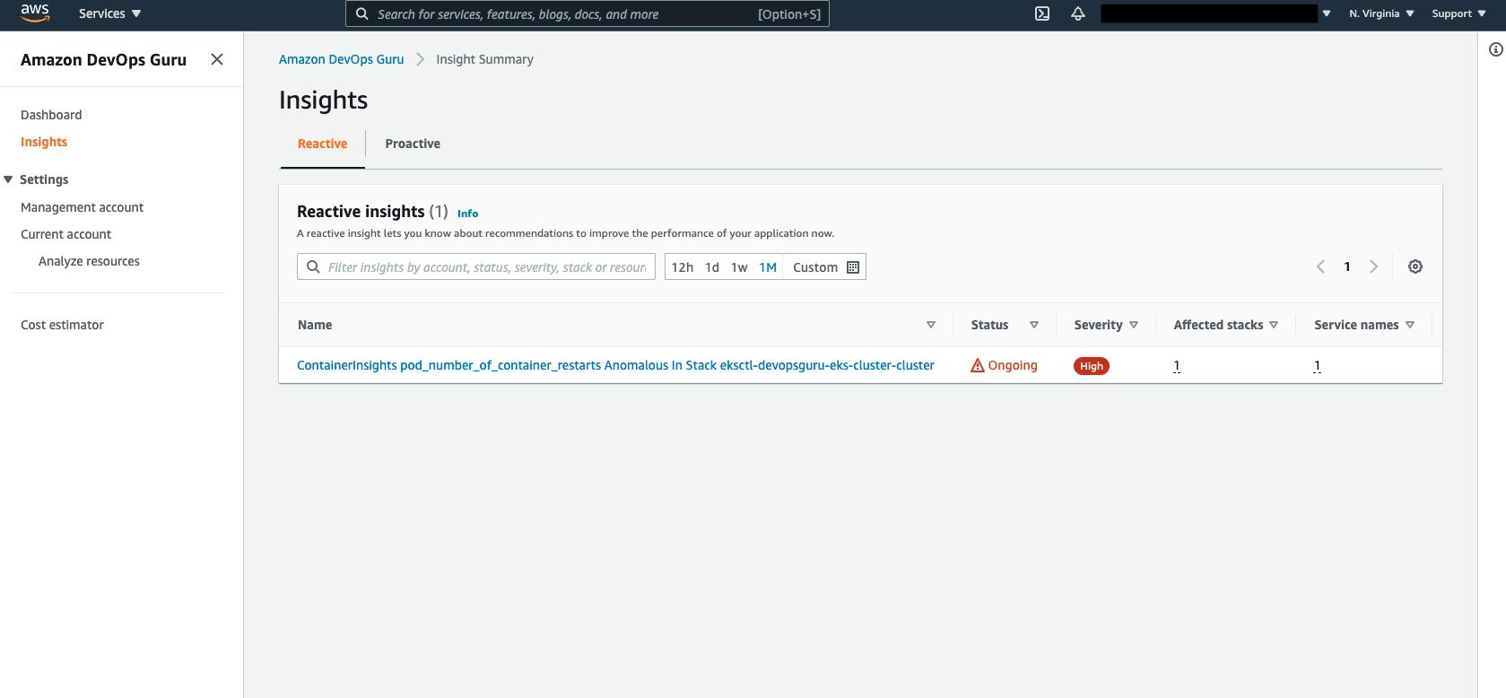 Amazon DevOps Guru Insights. An insight is displayed with a status of Ongoing and Severity of High.