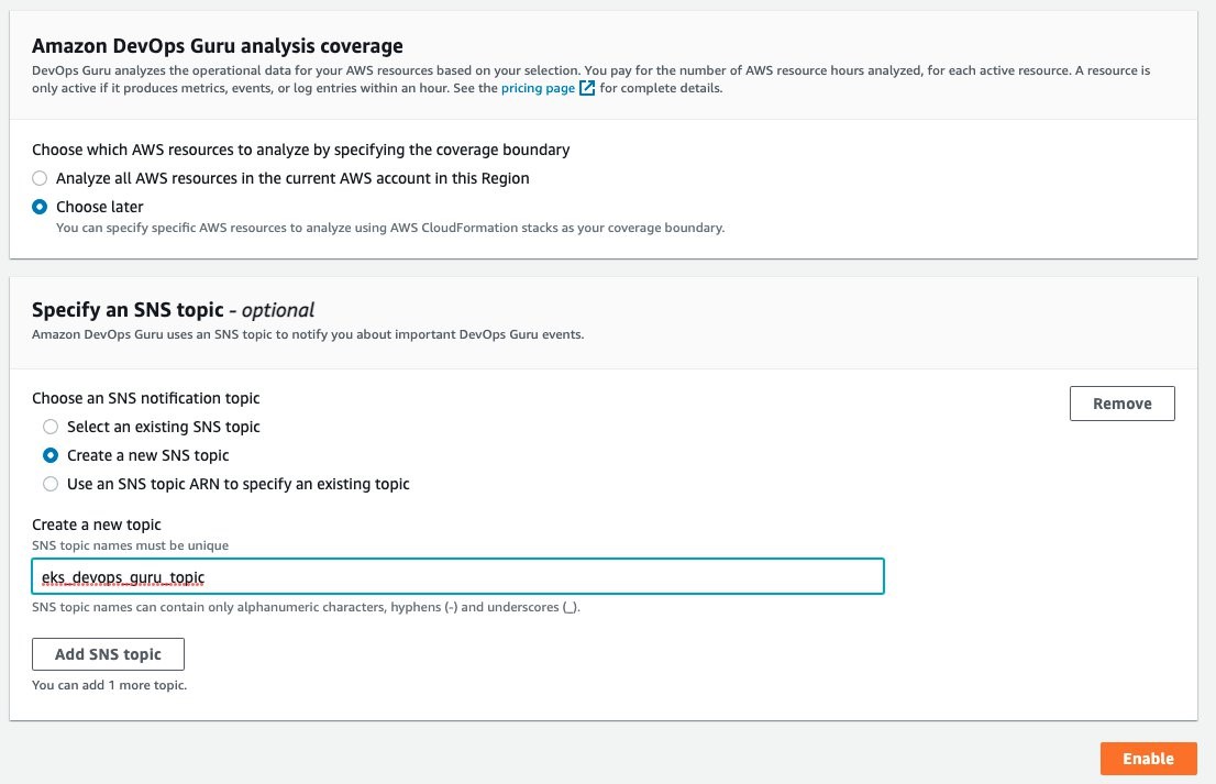 The Amazon DevOps Guru analysis coverage allowing the user to select all resources in a region or to choose later. In addition the image shows the dialog that requests the user specify an Amazon SNS topic for notification when insights occur.