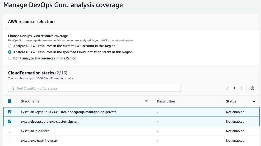 A dialog where the user is able to specify the AWS CloudFormation stacks in a region for analysis coverage. Two stacks are select including the eks cluster and eks cluster managed node group.