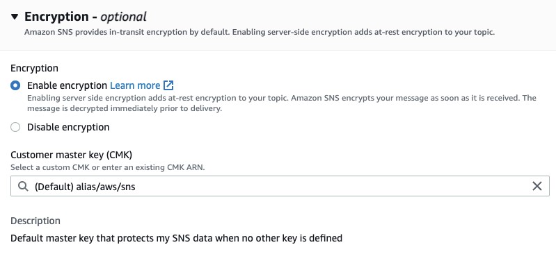 The Encryption dialog for Amazon SNS topic when it is Edited.