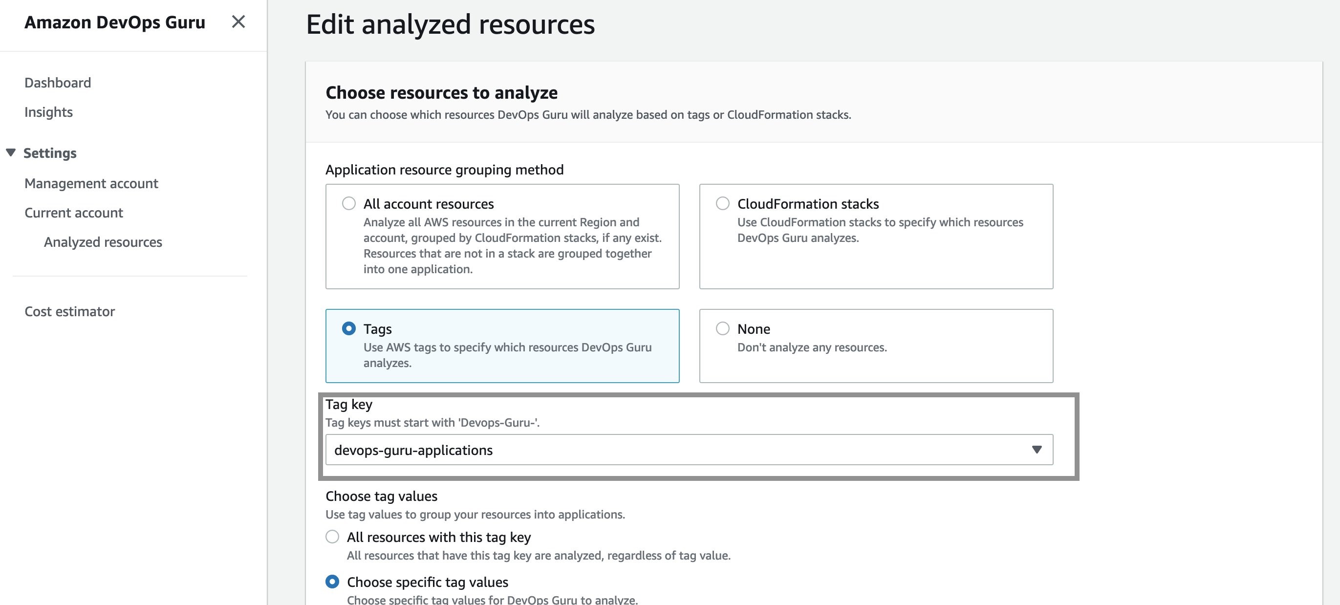 To define coverage boundary in the DevOps Guru Console, select the “Settings” option in navigation pane, select “Analyzed resources“ and choose Edit.