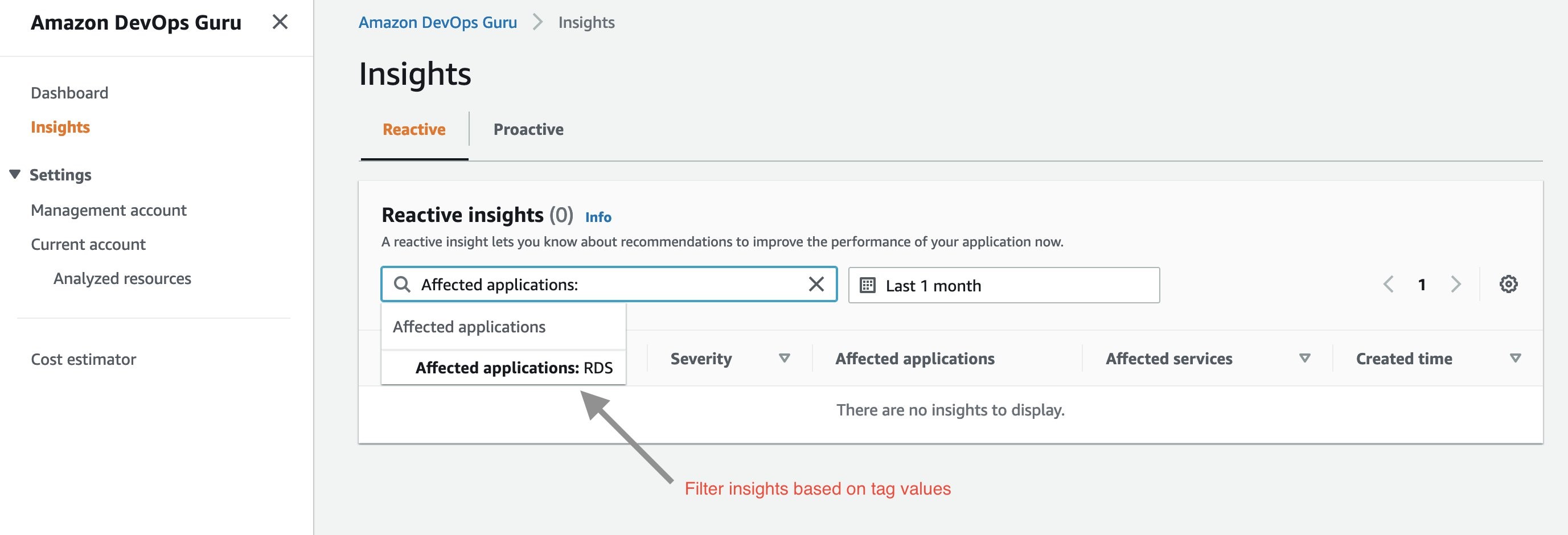 Insights generated by DevOps Guru can be filtered based on the tag values. Select “Affected applications” in the search menu bar in insights page.