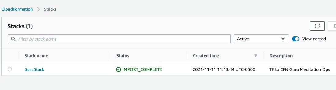 CloudFormation dashboard showing the stack, GuruStack, created by tfdevops 