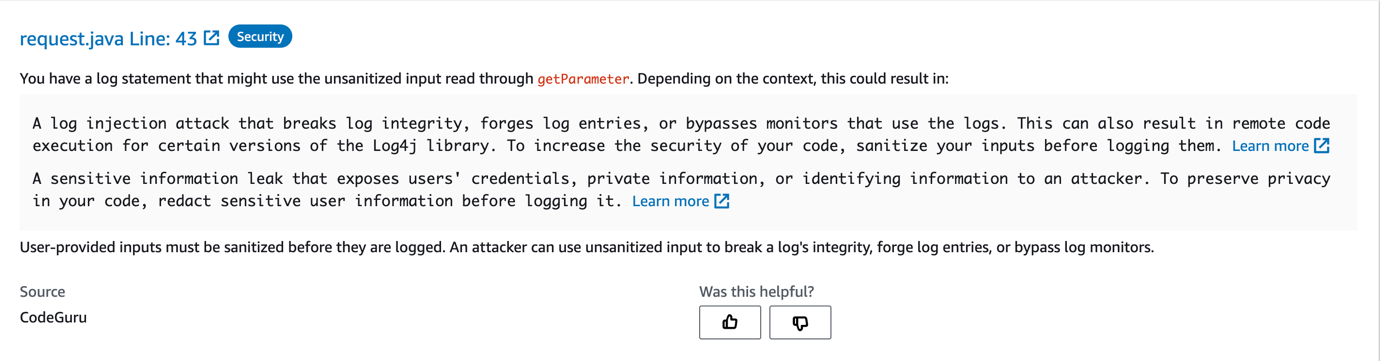 A screenshot of the AWS Console that describes the log injection risk found by CodeGuru Reviewer