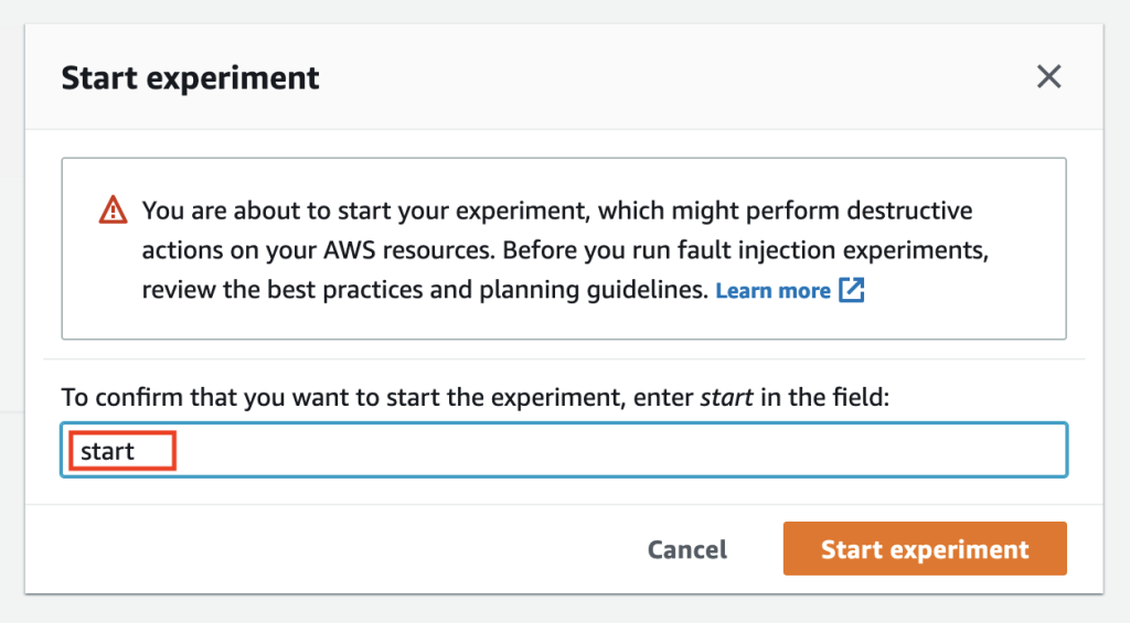 Under the Start Experiement section, user is promoted to enter "start" in the field to start the experiement. 