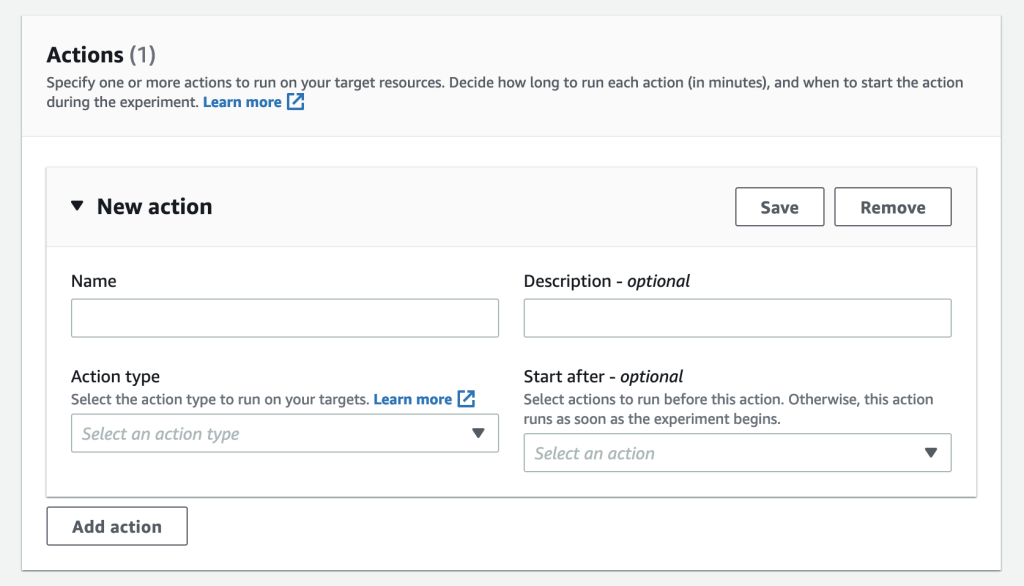 The action section displays Name,Description, Action Type and Start After fields. There is a Add action button that needs to be selected. 