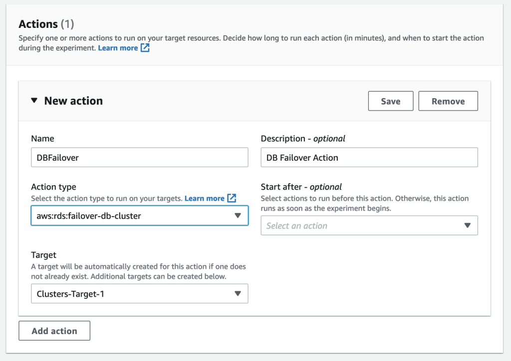 Under Actions section, DBFailover is entered for the Name field. DB Failover Action is entered for the Description field. aws:rds:failover-db-cluster is entered for the Action Type field. Start after field is left blank and Clusters-Target-1 is selected for the Target field. The save button will save the info entered for the respective fields. 