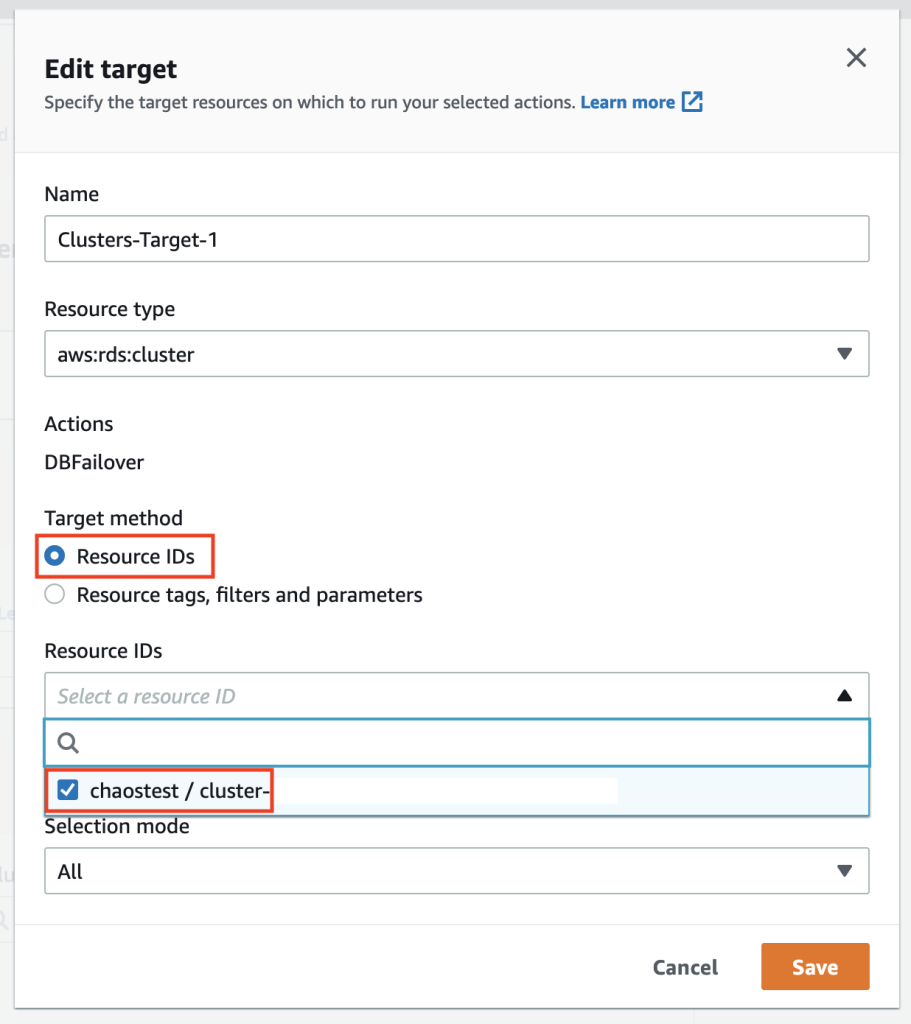 Under Edit Target section, Clusters-Target-1 is selected for the Name field. aws:rds:cluster is selected for the Resource type field. Action is set as DBFailover. Resource IDs is selected for the Target Method field. Chaostest cluster is selected for the Resource IDs drop down box. Save button is also available in this section to save the configuration. 